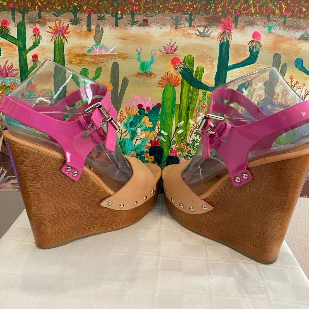 Chinese Laundry, Jungle Gym, Leather Platform Wedge Sandals, Pink/Tan, W Size 7 - Picture 11 of 16
